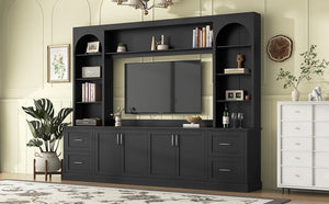 English Elm Modern Arched Wall Unit Entertainment Center with Drawers and Adjustable Shelves Black N721S000083B