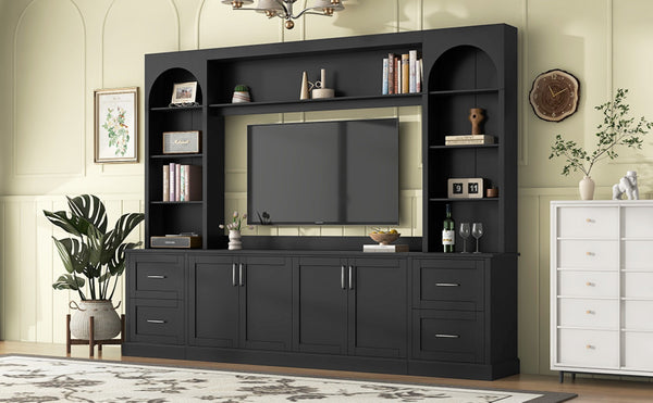 English Elm Modern Arched Wall Unit Entertainment Center with Drawers and Adjustable Shelves Black N721S000083B