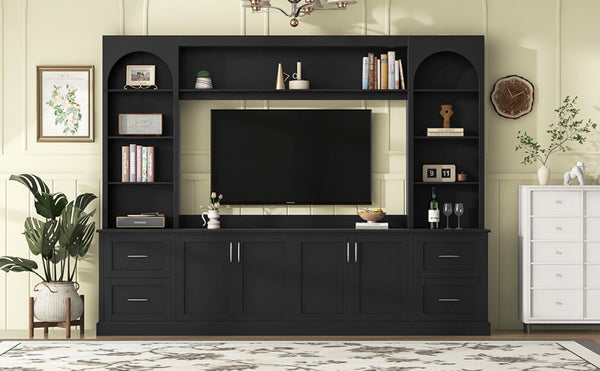 English Elm Modern Arched Wall Unit Entertainment Center with Drawers and Adjustable Shelves Black N721S000083B