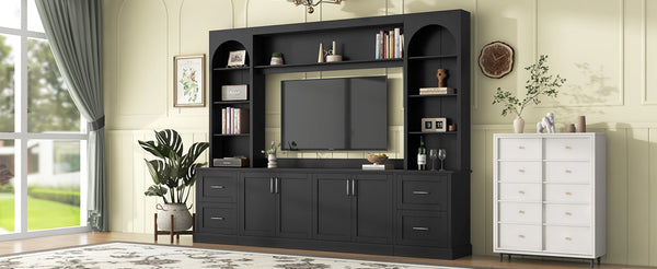 English Elm Modern Arched Wall Unit Entertainment Center with Drawers and Adjustable Shelves Black N721S000083B
