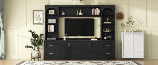 English Elm Modern Arched Wall Unit Entertainment Center with Drawers and Adjustable Shelves Black N721S000083B