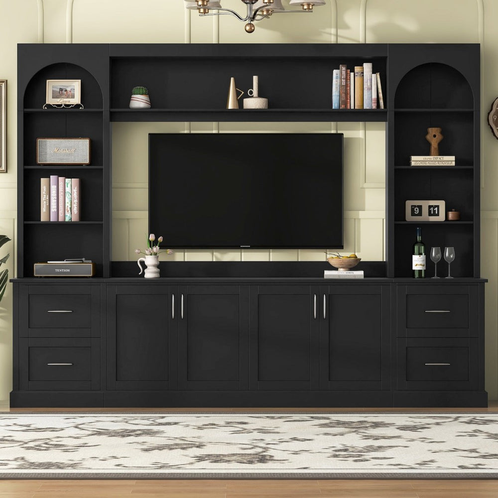 English Elm Modern Arched Wall Unit Entertainment Center with Drawers and Adjustable Shelves Black N721S000083B