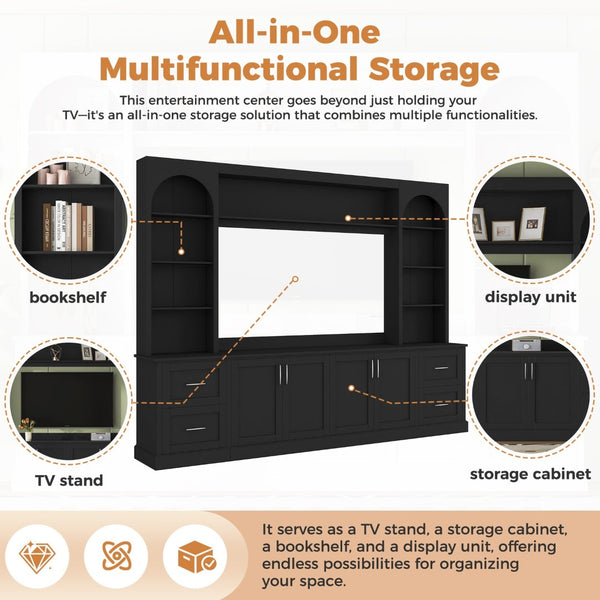 English Elm Modern Arched Wall Unit Entertainment Center with Drawers and Adjustable Shelves Black N721S000083B