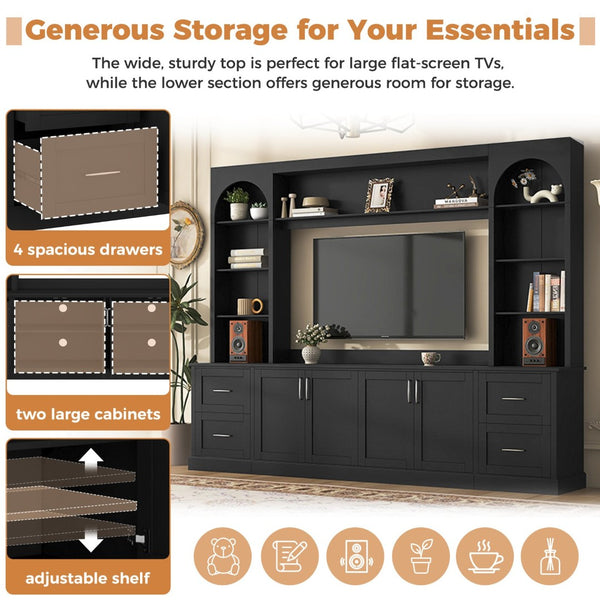 English Elm Modern Arched Wall Unit Entertainment Center with Drawers and Adjustable Shelves Black N721S000083B