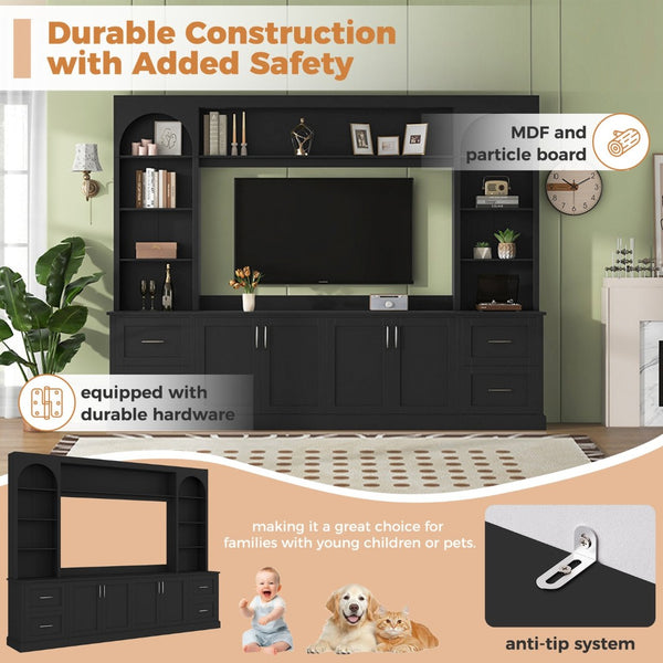 English Elm Modern Arched Wall Unit Entertainment Center with Drawers and Adjustable Shelves Black N721S000083B