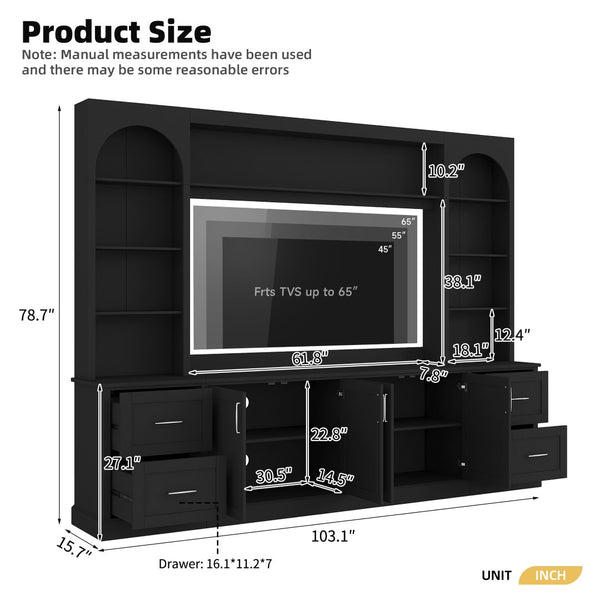 English Elm Modern Arched Wall Unit Entertainment Center with Drawers and Adjustable Shelves Black N721S000083B
