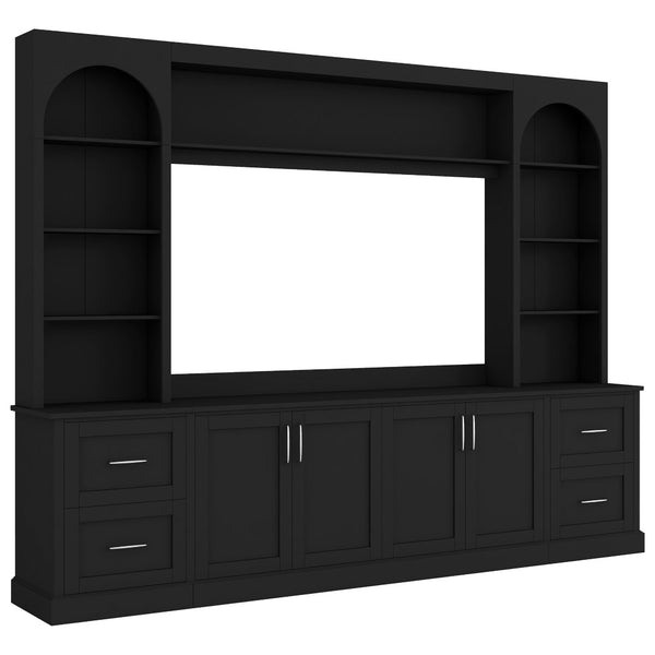 English Elm Modern Arched Wall Unit Entertainment Center with Drawers and Adjustable Shelves Black N721S000083B