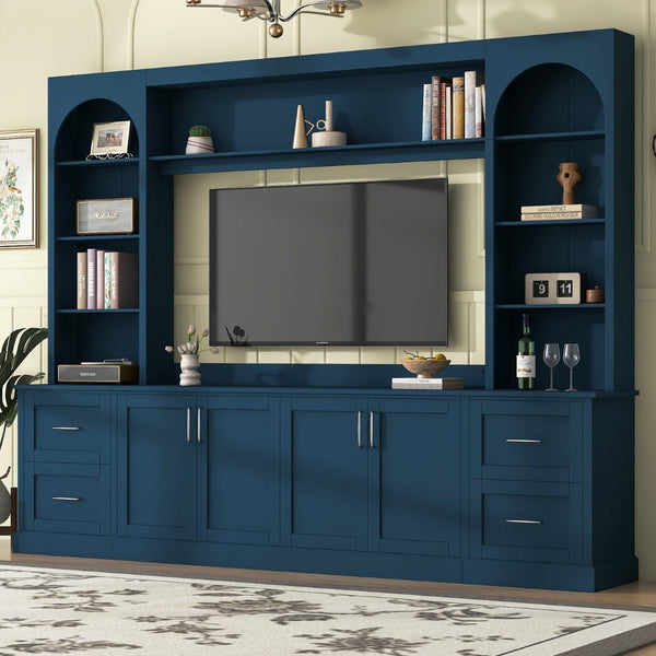 English Elm Modern Arched Wall Unit Entertainment Center with Drawers and Adjustable Shelves Blue N721S000083C