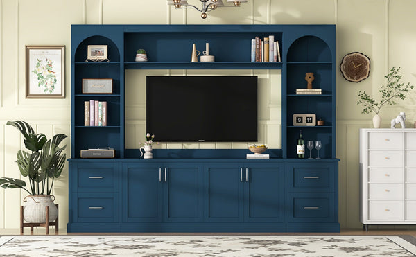 English Elm Modern Arched Wall Unit Entertainment Center with Drawers and Adjustable Shelves Blue N721S000083C