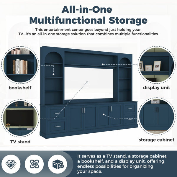 English Elm Modern Arched Wall Unit Entertainment Center with Drawers and Adjustable Shelves Blue N721S000083C