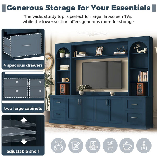 English Elm Modern Arched Wall Unit Entertainment Center with Drawers and Adjustable Shelves Blue N721S000083C