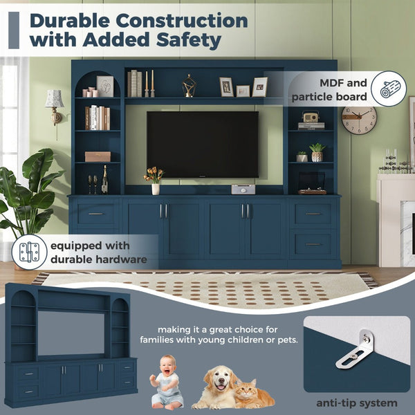 English Elm Modern Arched Wall Unit Entertainment Center with Drawers and Adjustable Shelves Blue N721S000083C