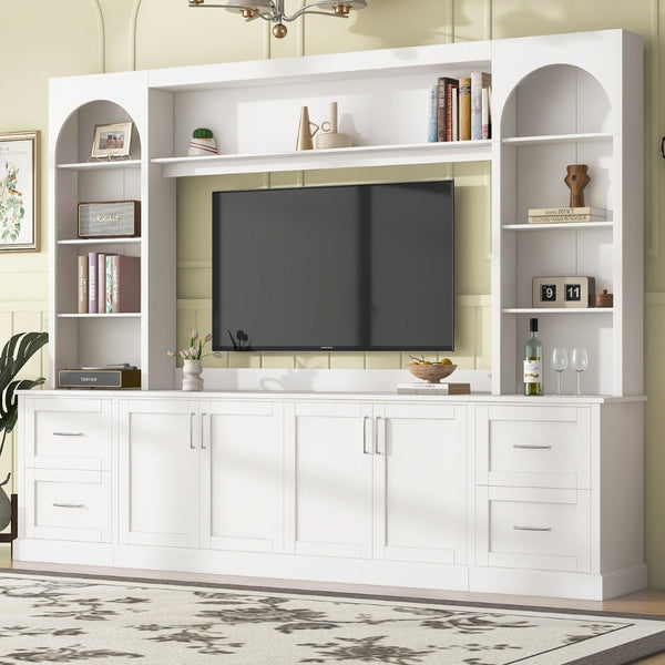 English Elm Modern Arched Wall Unit Entertainment Center with Drawers and Adjustable Shelves White N721S000083K