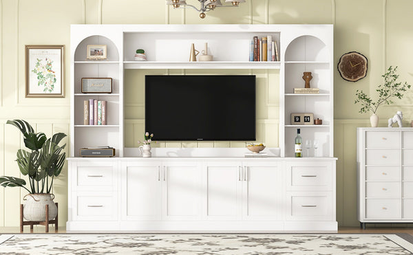 English Elm Modern Arched Wall Unit Entertainment Center with Drawers and Adjustable Shelves White N721S000083K