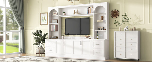 English Elm Modern Arched Wall Unit Entertainment Center with Drawers and Adjustable Shelves White N721S000083K