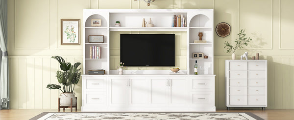 English Elm Modern Arched Wall Unit Entertainment Center with Drawers and Adjustable Shelves White N721S000083K