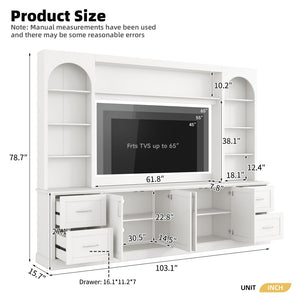 English Elm Modern Arched Wall Unit Entertainment Center with Drawers and Adjustable Shelves White N721S000083K