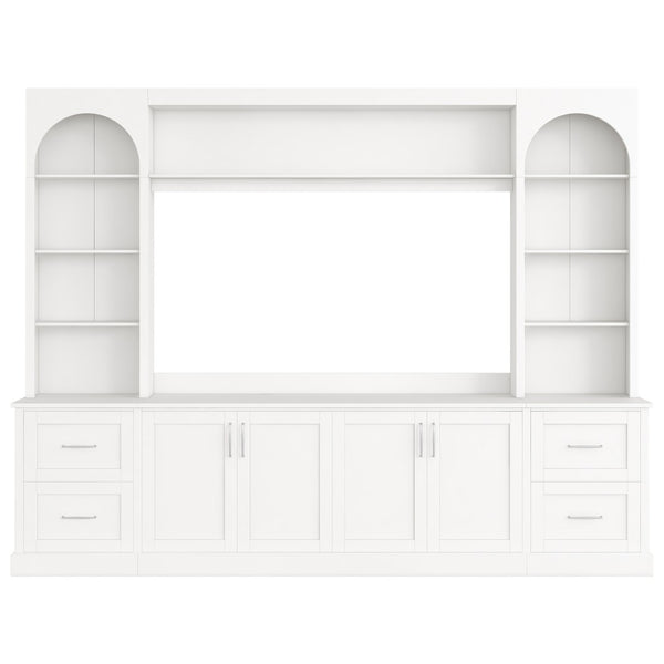 English Elm Modern Arched Wall Unit Entertainment Center with Drawers and Adjustable Shelves White N721S000083K