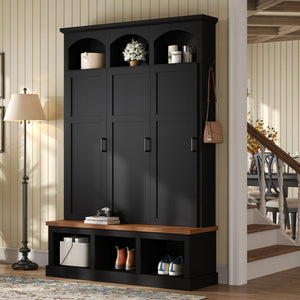 English Elm On-trend Arched Farmhouse Hall Tree with Bench Walnut Tone Mdf Frame Five Hooks Storage Black N721S000084B