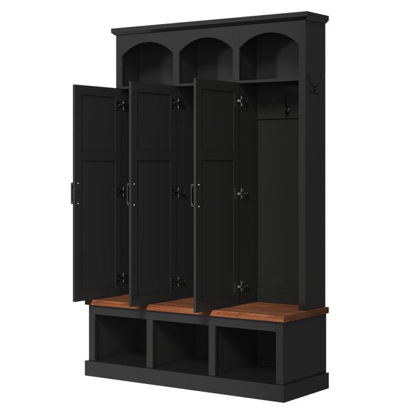 English Elm On-trend Arched Farmhouse Hall Tree with Bench Walnut Tone Mdf Frame Five Hooks Storage Black N721S000084B