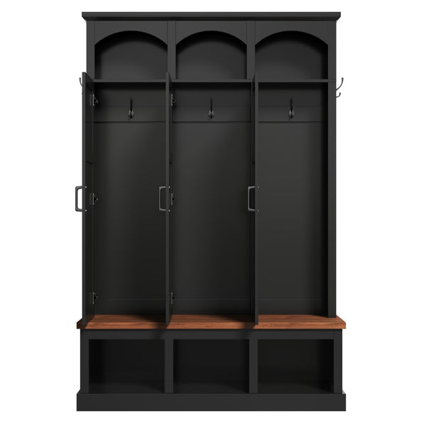 English Elm On-trend Arched Farmhouse Hall Tree with Bench Walnut Tone Mdf Frame Five Hooks Storage Black N721S000084B