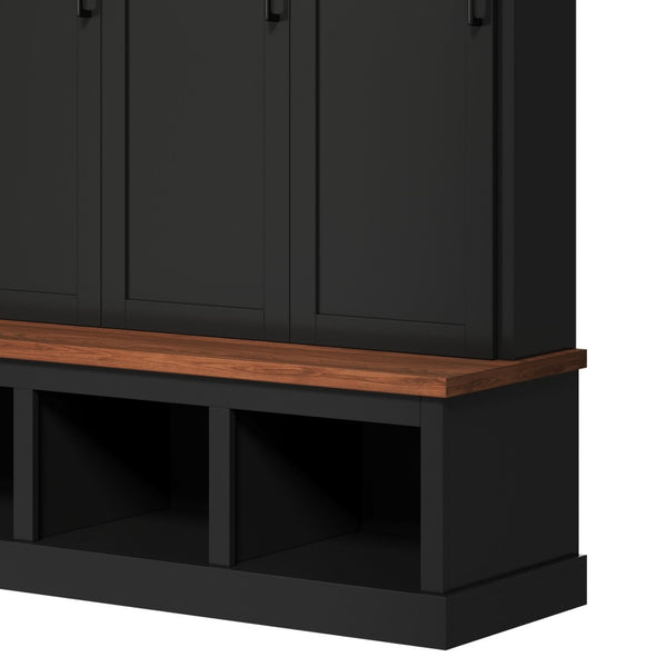 English Elm On-trend Arched Farmhouse Hall Tree with Bench Walnut Tone Mdf Frame Five Hooks Storage Black N721S000084B