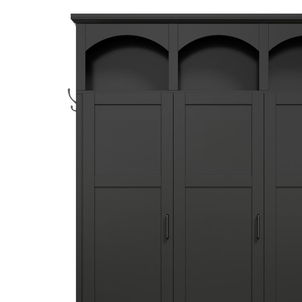 English Elm On-trend Arched Farmhouse Hall Tree with Bench Walnut Tone Mdf Frame Five Hooks Storage Black N721S000084B