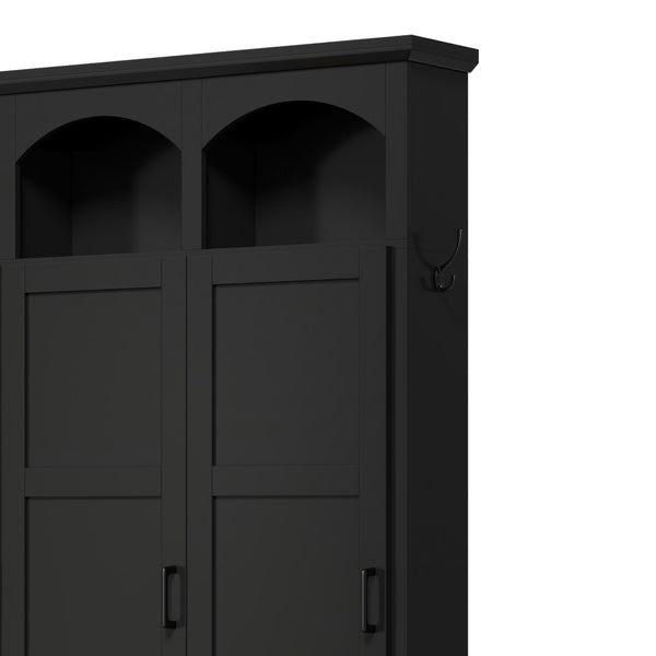 English Elm On-trend Arched Farmhouse Hall Tree with Bench Walnut Tone Mdf Frame Five Hooks Storage Black N721S000084B