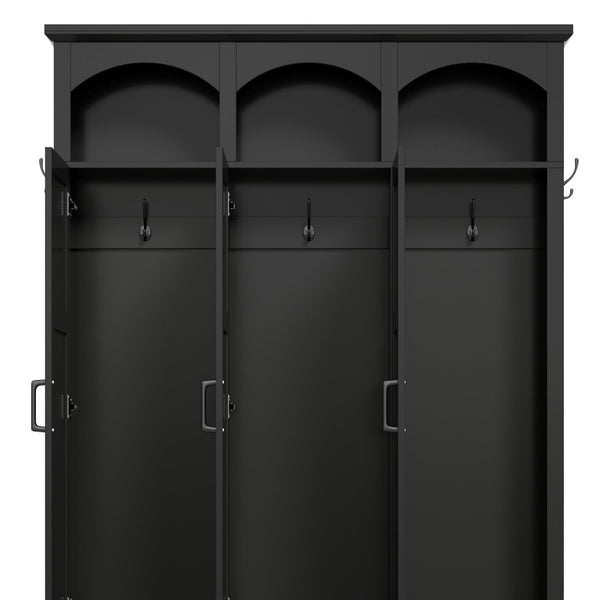 English Elm On-trend Arched Farmhouse Hall Tree with Bench Walnut Tone Mdf Frame Five Hooks Storage Black N721S000084B