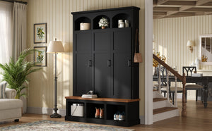 English Elm On-trend Arched Farmhouse Hall Tree with Bench Walnut Tone Mdf Frame Five Hooks Storage Black N721S000084B