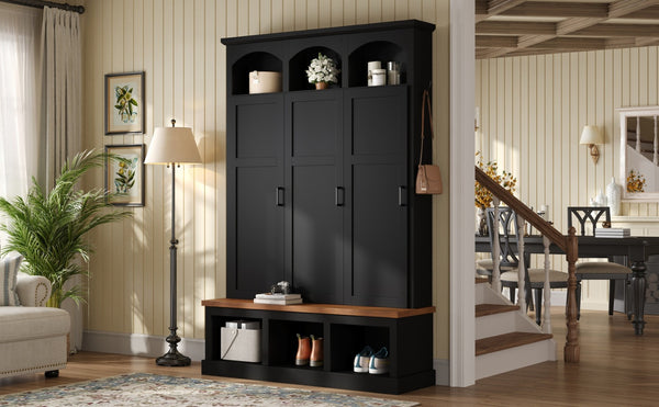 English Elm On-trend Arched Farmhouse Hall Tree with Bench Walnut Tone Mdf Frame Five Hooks Storage Black N721S000084B
