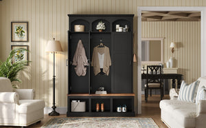 English Elm On-trend Arched Farmhouse Hall Tree with Bench Walnut Tone Mdf Frame Five Hooks Storage Black N721S000084B
