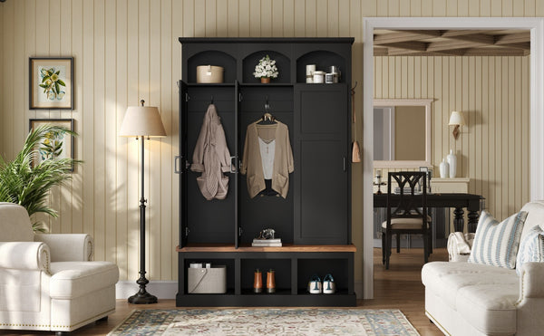 English Elm On-trend Arched Farmhouse Hall Tree with Bench Walnut Tone Mdf Frame Five Hooks Storage Black N721S000084B