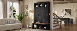 English Elm On-trend Arched Farmhouse Hall Tree with Bench Walnut Tone Mdf Frame Five Hooks Storage Black N721S000084B
