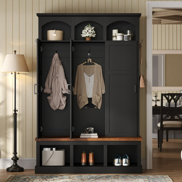 English Elm On-trend Arched Farmhouse Hall Tree with Bench Walnut Tone Mdf Frame Five Hooks Storage Black N721S000084B