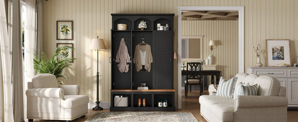 English Elm On-trend Arched Farmhouse Hall Tree with Bench Walnut Tone Mdf Frame Five Hooks Storage Black N721S000084B