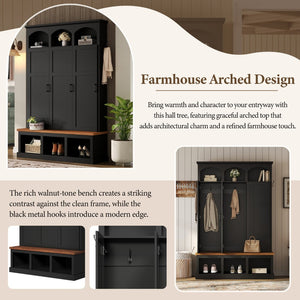 English Elm On-trend Arched Farmhouse Hall Tree with Bench Walnut Tone Mdf Frame Five Hooks Storage Black N721S000084B