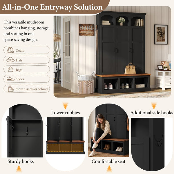 English Elm On-trend Arched Farmhouse Hall Tree with Bench Walnut Tone Mdf Frame Five Hooks Storage Black N721S000084B