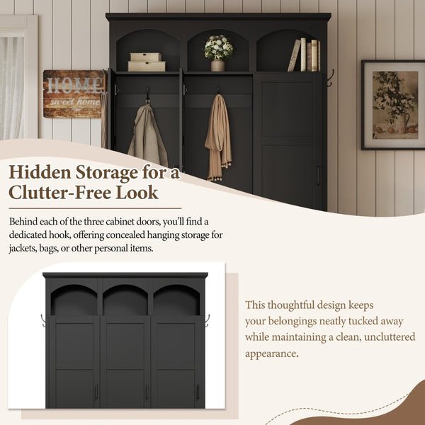 English Elm On-trend Arched Farmhouse Hall Tree with Bench Walnut Tone Mdf Frame Five Hooks Storage Black N721S000084B