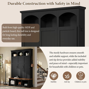 English Elm On-trend Arched Farmhouse Hall Tree with Bench Walnut Tone Mdf Frame Five Hooks Storage Black N721S000084B