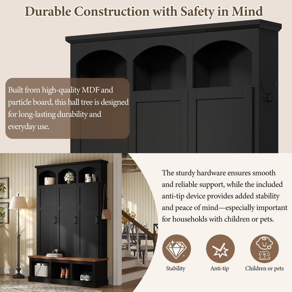 English Elm On-trend Arched Farmhouse Hall Tree with Bench Walnut Tone Mdf Frame Five Hooks Storage Black N721S000084B