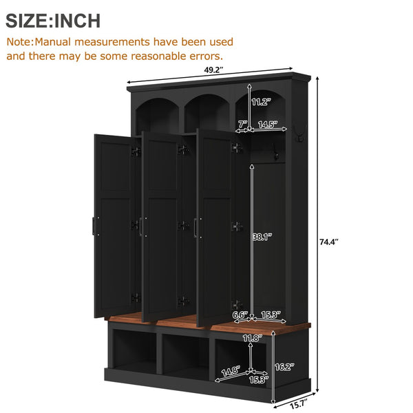 English Elm On-trend Arched Farmhouse Hall Tree with Bench Walnut Tone Mdf Frame Five Hooks Storage Black N721S000084B
