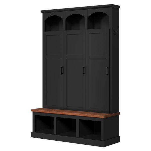 English Elm On-trend Arched Farmhouse Hall Tree with Bench Walnut Tone Mdf Frame Five Hooks Storage Black N721S000084B