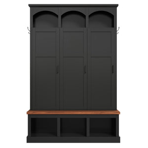 English Elm On-trend Arched Farmhouse Hall Tree with Bench Walnut Tone Mdf Frame Five Hooks Storage Black N721S000084B