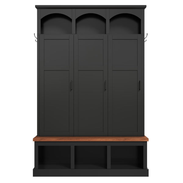 English Elm On-trend Arched Farmhouse Hall Tree with Bench Walnut Tone Mdf Frame Five Hooks Storage Black N721S000084B