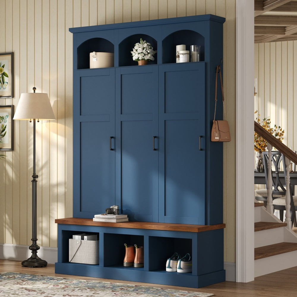 English Elm On-trend Arched Farmhouse Hall Tree with Bench Walnut Tone Mdf Frame Five Hooks Storage Blue N721S000084C