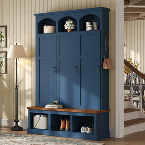 English Elm On-trend Arched Farmhouse Hall Tree with Bench Walnut Tone Mdf Frame Five Hooks Storage Blue N721S000084C
