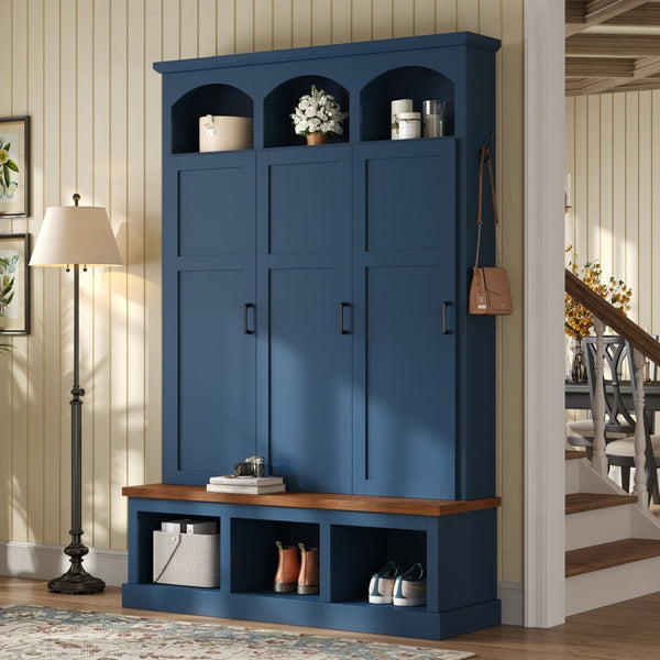 English Elm On-trend Arched Farmhouse Hall Tree with Bench Walnut Tone Mdf Frame Five Hooks Storage Blue N721S000084C