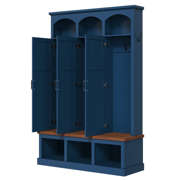 English Elm On-trend Arched Farmhouse Hall Tree with Bench Walnut Tone Mdf Frame Five Hooks Storage Blue N721S000084C