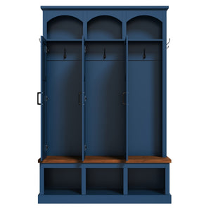 English Elm On-trend Arched Farmhouse Hall Tree with Bench Walnut Tone Mdf Frame Five Hooks Storage Blue N721S000084C